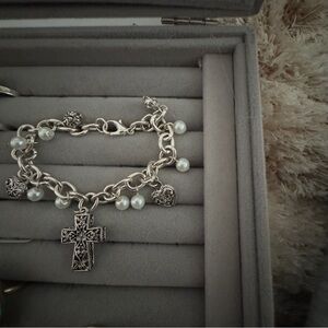 Silver Charm Bracelet with Cross and Pearls